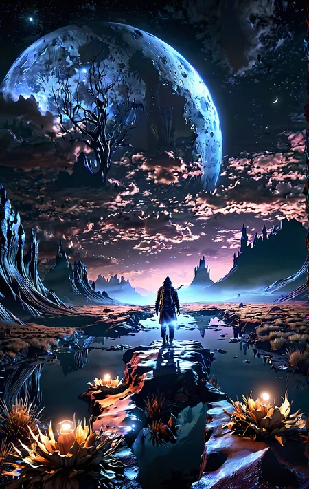 Lone wanderer, surreal Landscape, night, scarry, cgi