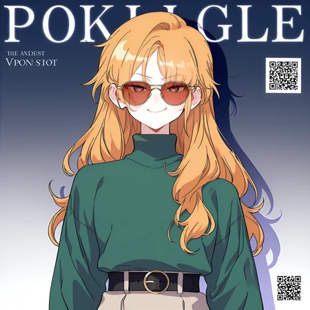 (masterpiece), (best quality), (ultra-detailed), (best illustration), (best shadow), (absurdres), (very aesthetic), 1girl, solo, <lora:Shuraina_West:1>, shushu, mahogany eyes, amber hair, long hair, upper body shot, magazine cover, gradient background, english text, qr code, green turtleneck, red shades sunglasses, looking at viewer, smirk, poke cheek, black belt, fashion magazine, gloss
