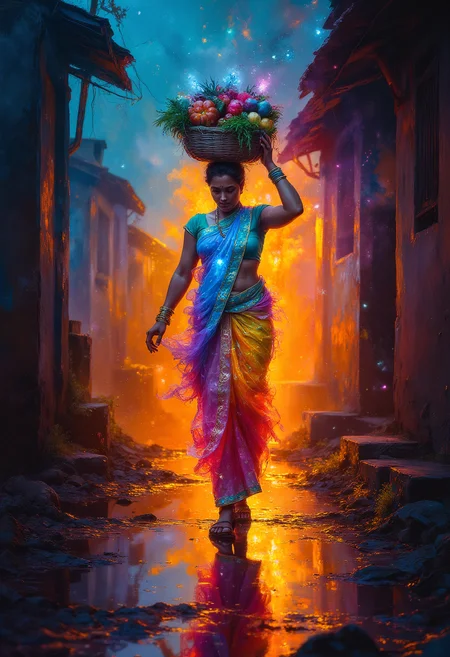 impasto, A Kerala woman wearing a translucent colorful glowing saree, surrounded by a bright glowing aura, walking into the scene with a basket of vegetables on her head in a Kerala Village, colorful glow, rim lighting from behind, dramatic, cinematic, vibrant glow