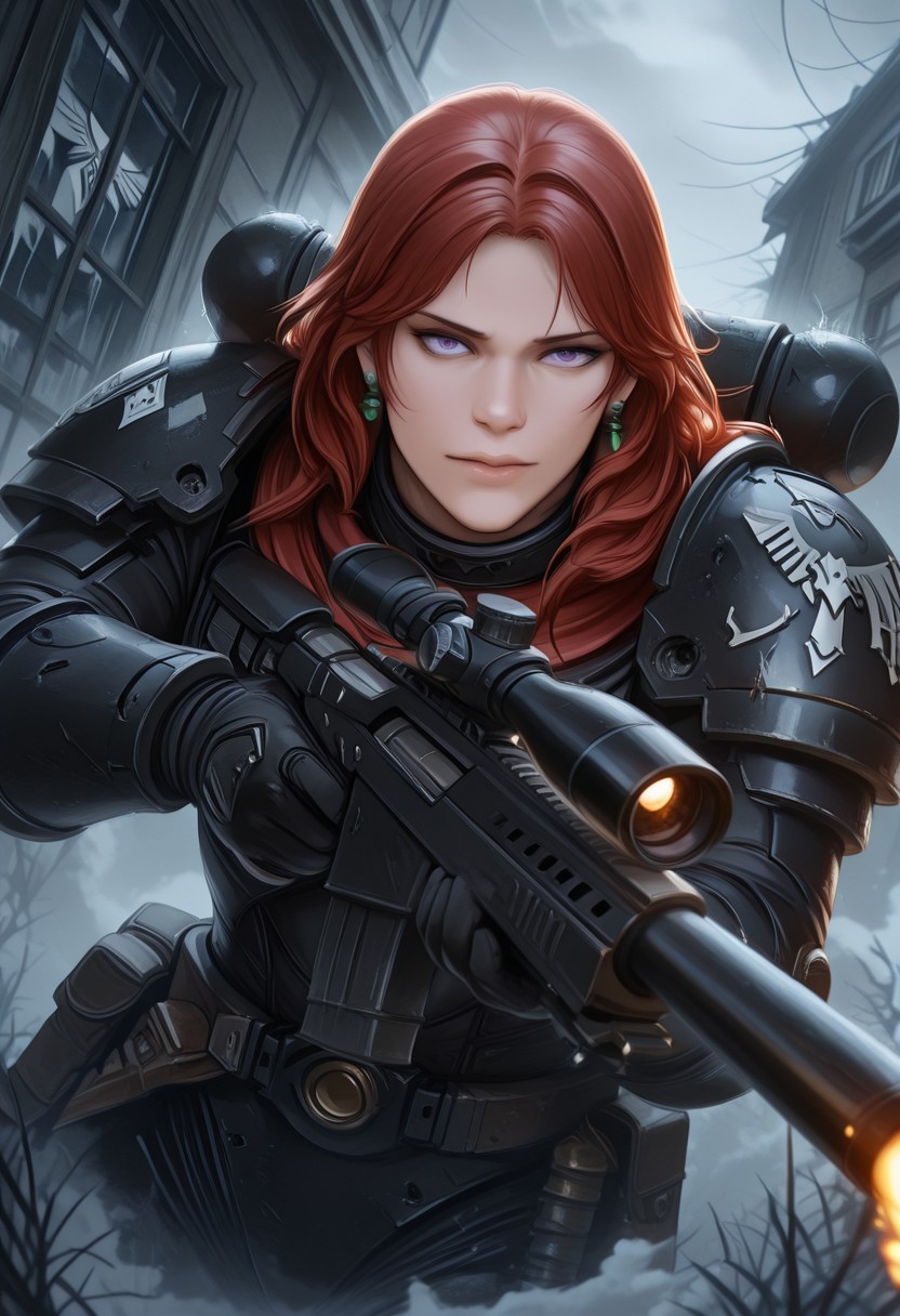 masterpiece, best quality, high quality, newest, highres,8K,HDR,absurdres, dynamic angle, realistic,  wearing edgRG_(power armor), pauldrons, raven emblem, solo, 1girl, takashiro hiroko, red hair, long hair, hair intakes, green earrings, purple eyes, perfect eyes, lips, holding a sniper, broken window, silhouette, creepy, backlit, haunted, storm,  fog, mist, cold, blue fog,  fire, explotion, dutch angle,  dark outside, solo, close up, mid shot, dutch angle, half body portrait,  <lora:edgIllustriousXL_Raven_Guard:1>