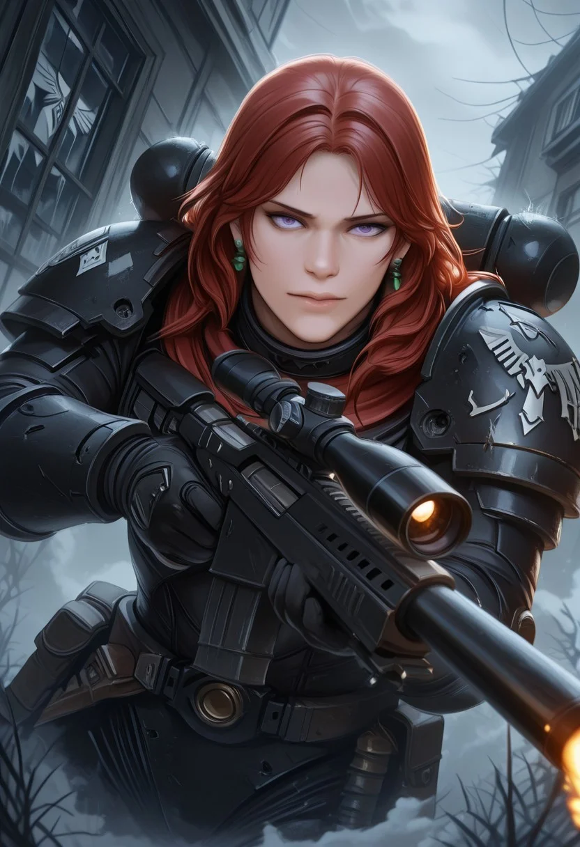 masterpiece, best quality, high quality, newest, highres,8K,HDR,absurdres, dynamic angle, realistic, wearing edgRG_(power armor), pauldrons, raven emblem, solo, 1girl, takashiro hiroko, red hair, long hair, hair intakes, green earrings, purple eyes, perfect eyes, lips, holding a sniper, broken window, silhouette, creepy, backlit, haunted, storm, fog, mist, cold, blue fog, fire, explotion, dutch angle, dark outside, solo, close up, mid shot, dutch angle, half body portrait, <lora:edgIllustriousXL_Raven_Guard:1>