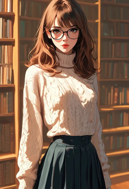 masterpiece, best quality, highly detailed, ultra-realistic, score_9, score_8_up, score_7_up, score_6_up, source_cartoon,  
BREAK  
1girl, slim waist, small breasts, pale skin, light makeup, long brown hair, messy strands, glasses, cozy sweater, pleated skirt, library setting, bookshelves, books, view from front, soft focus, depth of field.  
BREAK  
library aesthetic, intellectual elegance, raw sensuality, dynamic light, warm_light, vibrant colors warm_colors, soft focus, high contrast, textured surfaces, depth of field, dramatic shadows, rich details, library-inspired color palette, cinematic composition, view from front.