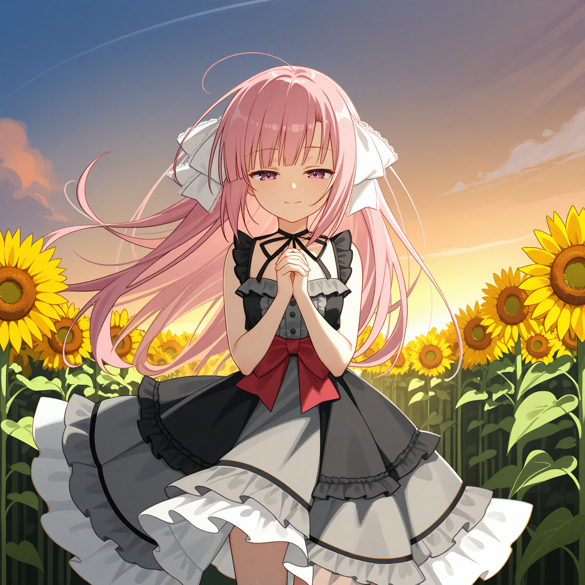<lora:JLT4n_art_1_nai_Loha-000094:1.5>,JLT4n art,
<lora:Natsusaki_Yomi_1_nai:0.6>,Natsusaki Yomi,hair ribbon,white ribbon,official outfit,black dress,cross,frills,frilled dress,layered dress,waist bow,red bow,neck ribbon,black ribbon,grey skirt,frilled skirt,layered skirt,off-shoulder dress,black straps,frilled straps,center frills,grey frills,sleeveless dress,
BREAK
1girl,solo,smile,half-closed eyes,looking at viewer,front view,praying,own hands clasped,sunflower,sunflower field,sunset,straight-on,floating hair,wind,standing,wide_shot,