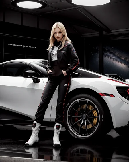 SkinDetail J3z3b3lS0m3b0dy_HM-125 vehicle focus, portrait of woman looking at holographic map from device on wrist, high tech form fitting flightsuit standing next to ((exotic off-road prerunner race truck), (style of (Giorgetto Giugiaro), [Gordon Murray] Horacio Pagani)), skinny waist and long legs with high tech boots, [standing on path leading to alien city under glass dome], [alien sky], [magenta cloudy skies], [ringed planet in distance]