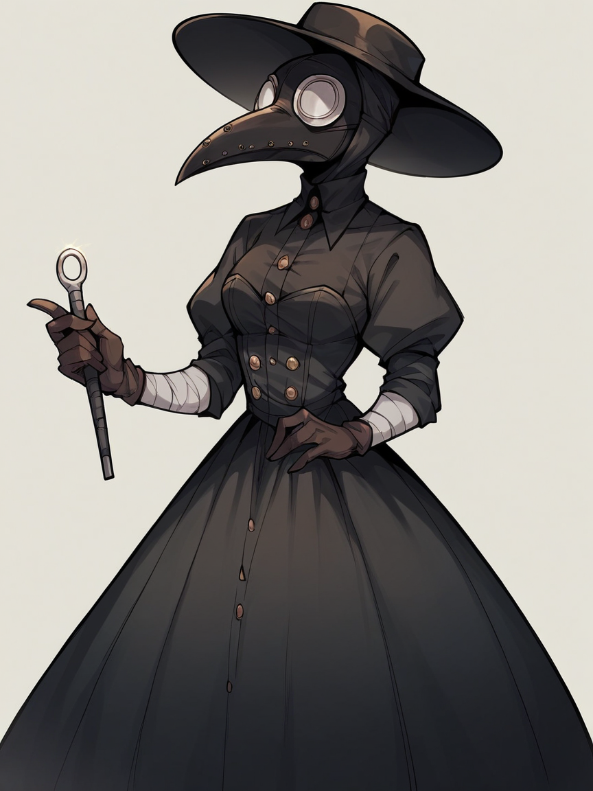 score_9, score_8_up, score_7_up, score_6_up, score_5_up,   <lora:PlagueDoctorXLP:1> plague doctor, black mask, hat, solo, gloves, dress, 1girl