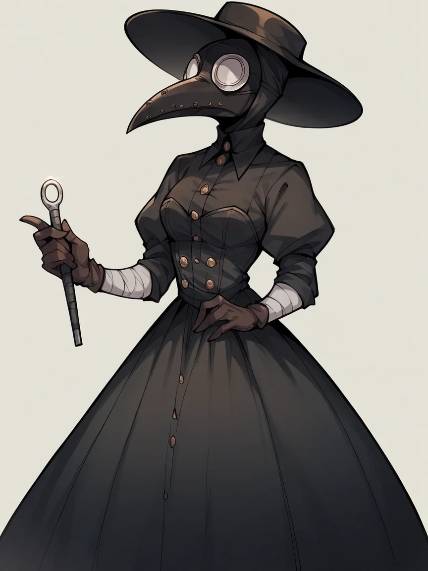 score_9, score_8_up, score_7_up, score_6_up, score_5_up,   <lora:PlagueDoctorXLP:1> plague doctor, black mask, hat, solo, gloves, dress, 1girl