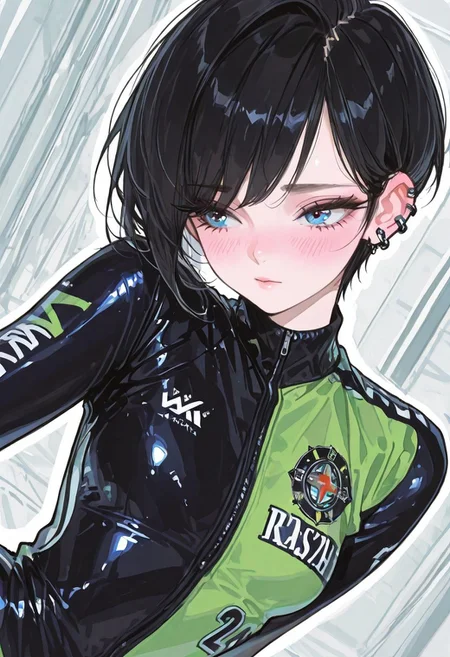 masterpiece, best quality, absurdres, highres, (()), cinematic composition, ultra-detailed, high-quality,
blushing, asian girl, small head, pretty girl, korean girl,
((slim body)), (small breasts), Dynamic angle, Dynamic pose, 
ear piercings, Nswf, , portrait, random sexy pose, ,,, ,,,,,, 
,,High Saturation, , no lineart,no outline, ,, retro film,,   ,,, ,, ,
Olivia de Berardinis art style, of a beautiful young woman with short pixie style black hair, blue eyes, winking eyes, black and green cyclist jersey, in Japan street