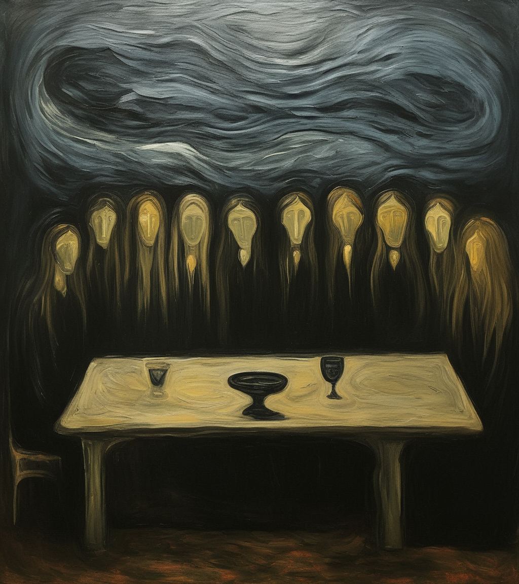 Surrealist art <lora:FF-Style-Edvard-Munch-32:0.9> in the style of Edvard Munch, painting, [Shaky|Harsh] ("The Last Supper":1.2) , Overwhelmed blossoms, Stormy weather, Evil, Gamercore, Depth of field 270mm, <lora:FF-Style-Edvard-Munch-vpred:0.4>, Edvard Munch style, Edvard Munch art . Dreamlike, mysterious, provocative, symbolic, intricate, detailed