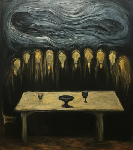 Surrealist art <lora:FF-Style-Edvard-Munch-32:0.9> in the style of Edvard Munch, painting, [Shaky|Harsh] ("The Last Supper":1.2) , Overwhelmed blossoms, Stormy weather, Evil, Gamercore, Depth of field 270mm, <lora:FF-Style-Edvard-Munch-vpred:0.4>, Edvard Munch style, Edvard Munch art . Dreamlike, mysterious, provocative, symbolic, intricate, detailed