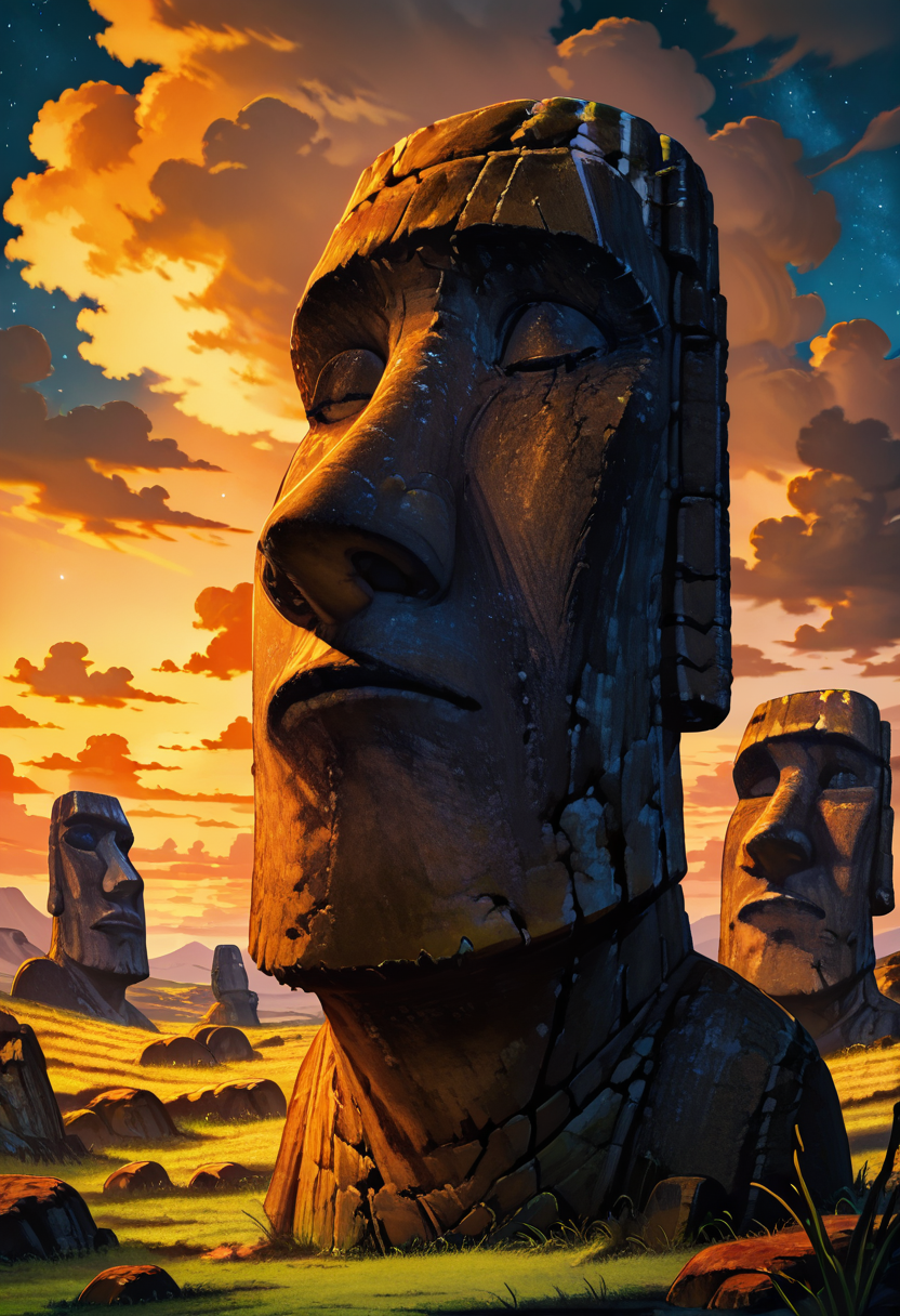 masterpiece, best quality, no humans,   zzMoai, outdoors, sky, cloud, water, cloudy sky, grass, star (sky), scenery, sunset, ruins  ,<lora:MoaiEasterIsland_IXL:1.0>,