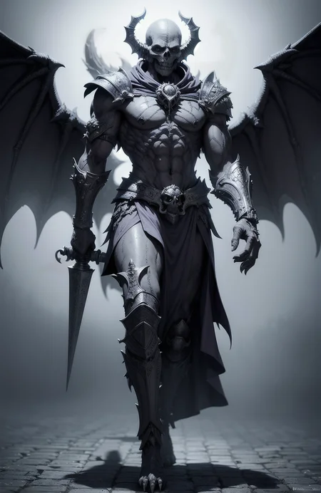 (extremely detailed 8k wallpaper),a full body shot photo of a fearful undead grey gargoyle necromancer holds in left hand a mace with a skulltop and in the right hand he holds a shield,2 Wings, intricate, high detail, dramatic