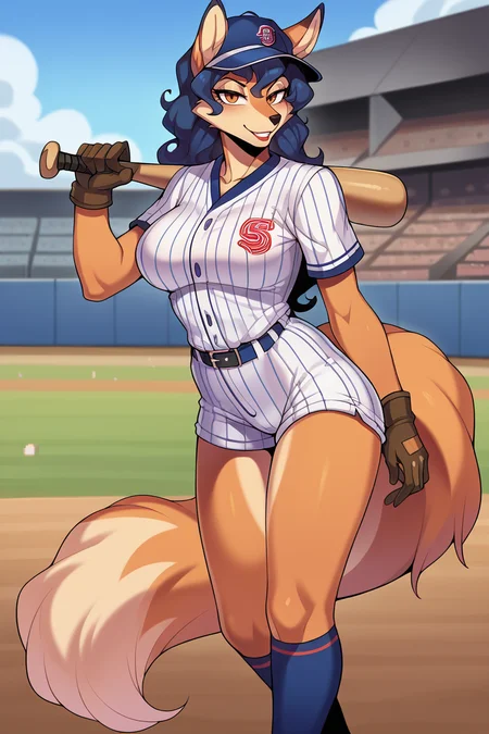 score_9, score_8_up, score_7_up, BREAK, <lora:cervina-guy-PONYv1:1>, 1girl, solo, breasts, baseball cap, baseball jersey, shorts, carmelita fox, outdoors, baseball stadium, gloves, kneehighs, looking at viewer, seductive smile, baseball bat,