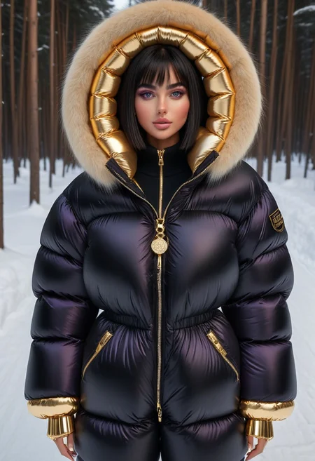 ((((puffer padded jacket)))), ((((puffer padded coat)))), ((((full body)))), ((((fur boots)))), ((((puffer pants)))), ((((puffer hood up)))), winter, snow, forest, 1girl, solo, (masterpiece), detailed face, detailed eyes, (beautiful detailed eyes:1.5), sidelighting, (super detail, hyper detail, intricate_details, detailed), (semi realistic:1.6), (Bob cut), blunt bangs,(black hair), (purple eyes, eyelashs), tanned skin, smug smile, angry face, Golden jewelery, golden rings, golden necklace, golden armlets, golden chains, padded cuffs, padded collar, Thick padded cuffs, Thick padded collar, <lora:Collar-SDXL:0.6>, <lora:Cuffs-SDXL:0.6>, <lora:Puffer_Jacket_and_Down_Jacket_-_Extra_Puffy_Jackets:0.4>, <lora:snowpants_v1:0.4>
