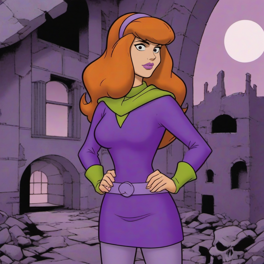 Dystopian style a full body daphne blake dressed purple, haunted house  <lora:DaphneBlake1024:0.8> . Bleak, post-apocalyptic, somber, dramatic, highly detailed