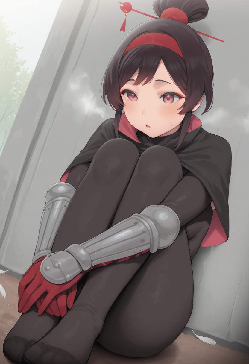 nekoshoko,  outdoors, undershirt, falling feathers, black bodysuit, hair stick, hugging own legs, , gauntlets,   eyeshadow,   red gloves,  high ponytail,  , black capelet, red hairband, pink eyes, 1girl, solo, feet, visible breath,   dynamic angle, foreshortening, smell, steam,
