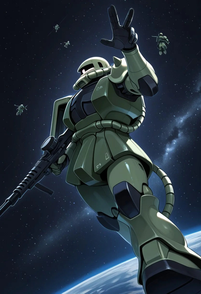 score_9, score_8_up, score_7_up, score_6_up, score_5_up, score_4_up, 4k quality, detailed, (zaku, mobile suit, monoeye), best quality, masterpiece,  floating in space, shooting rifle, space battles