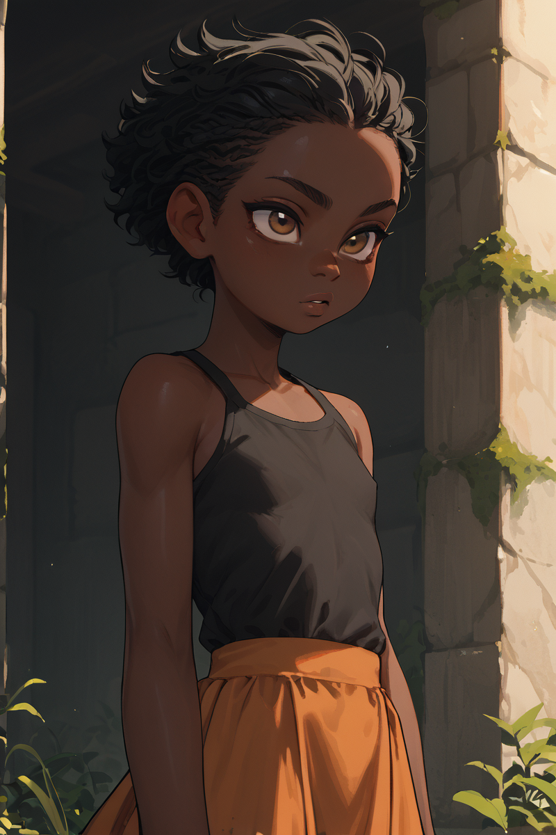 score_9,score_8_up,score_7_up,score_6_up,score_5_up,score_4_up,
1girl, solo, dark skinned girl, black girl, black hair, brown eyes, petite, small,
 <lora:age_slider_v4:-4>
 <lora:IncaseLycoXL:1>