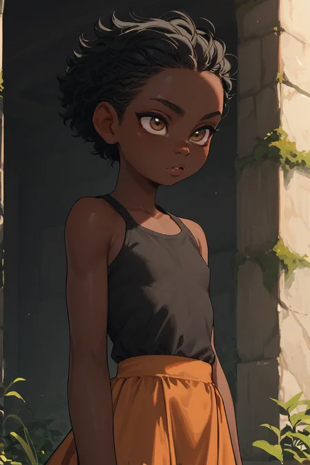 score_9,score_8_up,score_7_up,score_6_up,score_5_up,score_4_up,
1girl, solo, dark skinned girl, black girl, black hair, brown eyes, petite, small,
 <lora:age_slider_v4:-4>
 <lora:IncaseLycoXL:1>