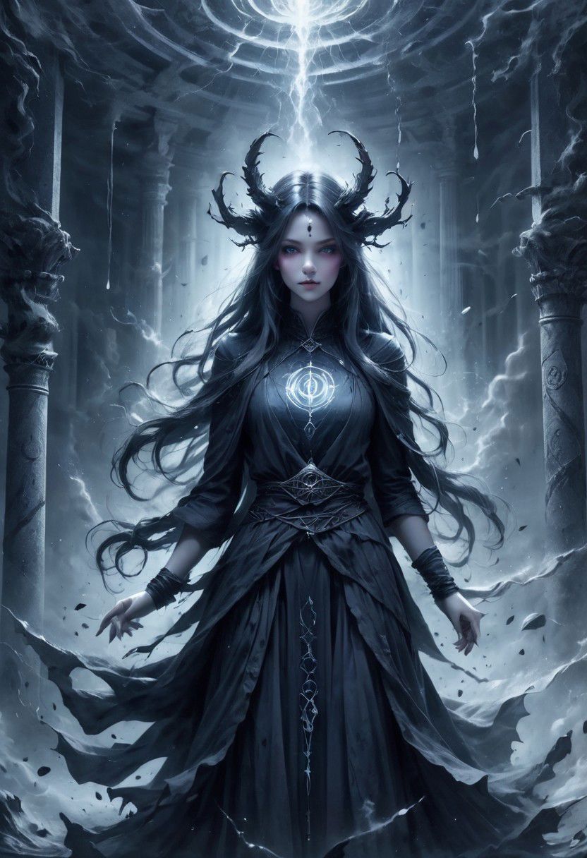 Oracle of Shadows. Within a dimly lit chamber, ancient runes and symbols adorn the walls, casting eerie shadows that dance with unseen movements. At the center stands a woman shrouded in darkness, her presence commanding yet unsettling. Her eyes, pools of inky blackness, gleam with an otherworldly light as they pierce through the gloom, offering glimpses into the abyss. Her voice, soft yet chilling, whispers prophecies of doom and destiny. Capture the enigmatic aura of her presence and the foreboding atmosphere that surrounds her.
Mystic color palette. Realistic. DEVIL SPAWN. ral-dissolve