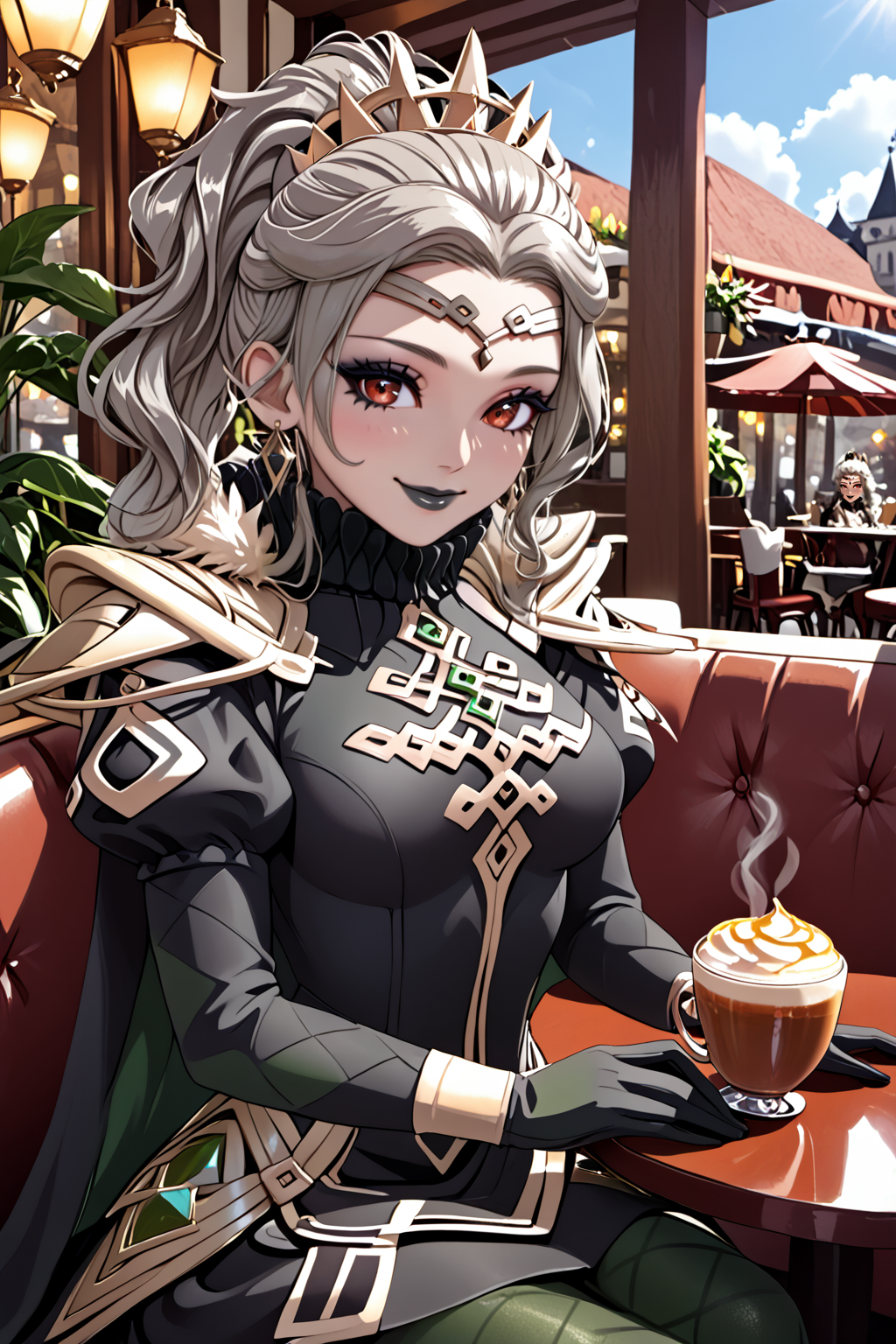 score_9, score_8_up, score_7_up, masterpiece, high quality, extreme detail, absurdres, (detailed skin texture) BREAK
 <lora:LetiziaPonyLora:1>letizia, pale skin, grey hair, short hair, high ponytail, circlet, crown, red eyes, makeup, black lips, pauldrons, turtleneck, cape, fur trim, dress, juliet sleeves, long sleeves, bracelet, gloves, pantyhose, sitting in a cafe, holding a cup of tea, smile, plants, dappled sunlight,
