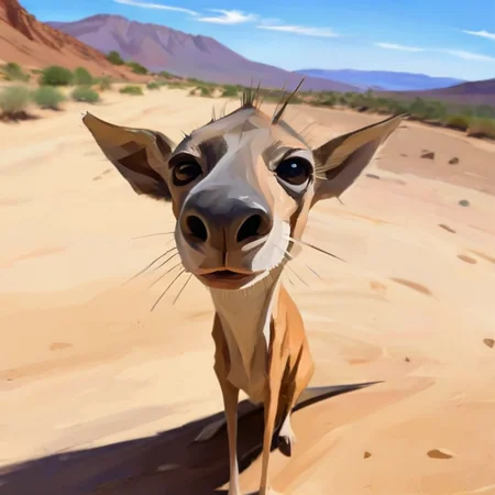 kangaroo, looking in camera, desert in the background, <lora:albeniz-rodriguez-style-1024:0.7> albeniz rodriguez style, caricature, fisheye view