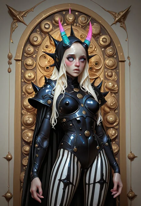 A digital illustration of a female figure, likely a fantasy character from a video game or anime.
A1Dom
The figure is clad in intricate, dark-colored armor, with highlights of gold. The armor covers her chest, shoulders, and arms, and extends to form a cape-like structure. Her limbs are covered in bold, black and white striped leggings or tights. A detailed, pointed, light-colored horn accents her forehead, and a similar light color, almost white, cape or hood drapes over her head and shoulders. Her face is pale with reddish-pink blush/coloring, and her eyes are a striking, rich gold color.
The overall style is very stylized and detailed, with smooth, almost plastic-like surfaces on the armor and a soft, ethereal glow around the character. The background is dark and neutral, allowing the figure to stand out. The lighting is focused on the character, highlighting the details of the armor and the figure's form.
