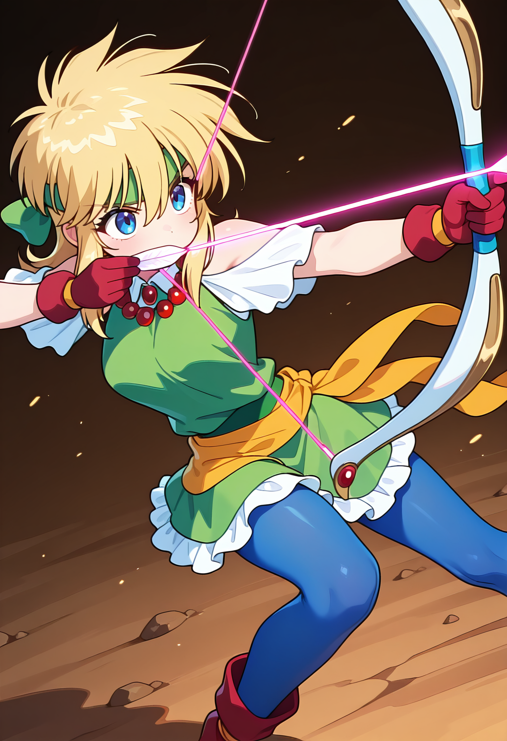 masterpiece, best quality, amazing quality, 1girl, solo,
<lora:rubette_la_lette_v01:0.9>, rubette_normal, blonde hair, medium hair, sidelocks, hair between eyes, blue eyes,
green headband, jewelry, beads, bead necklace, green dress, bare shoulders, red gloves, waist bandana, blue pantyhose, red boots, white bow (weapon), holding bow (weapon), aiming