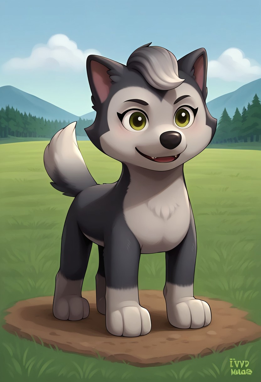 BREAK score_9, score_8_up, score_7_up, source_anime, front view, 1girl, solo, Gasket_PP, feral, dog, alaskan malamute, two tone fur, gray-white, grey tuft, green eyes, fluffy tail, grass, detailed background, day, sun, blue sky, (dynamic pose:1.5), (creativity:1.5),