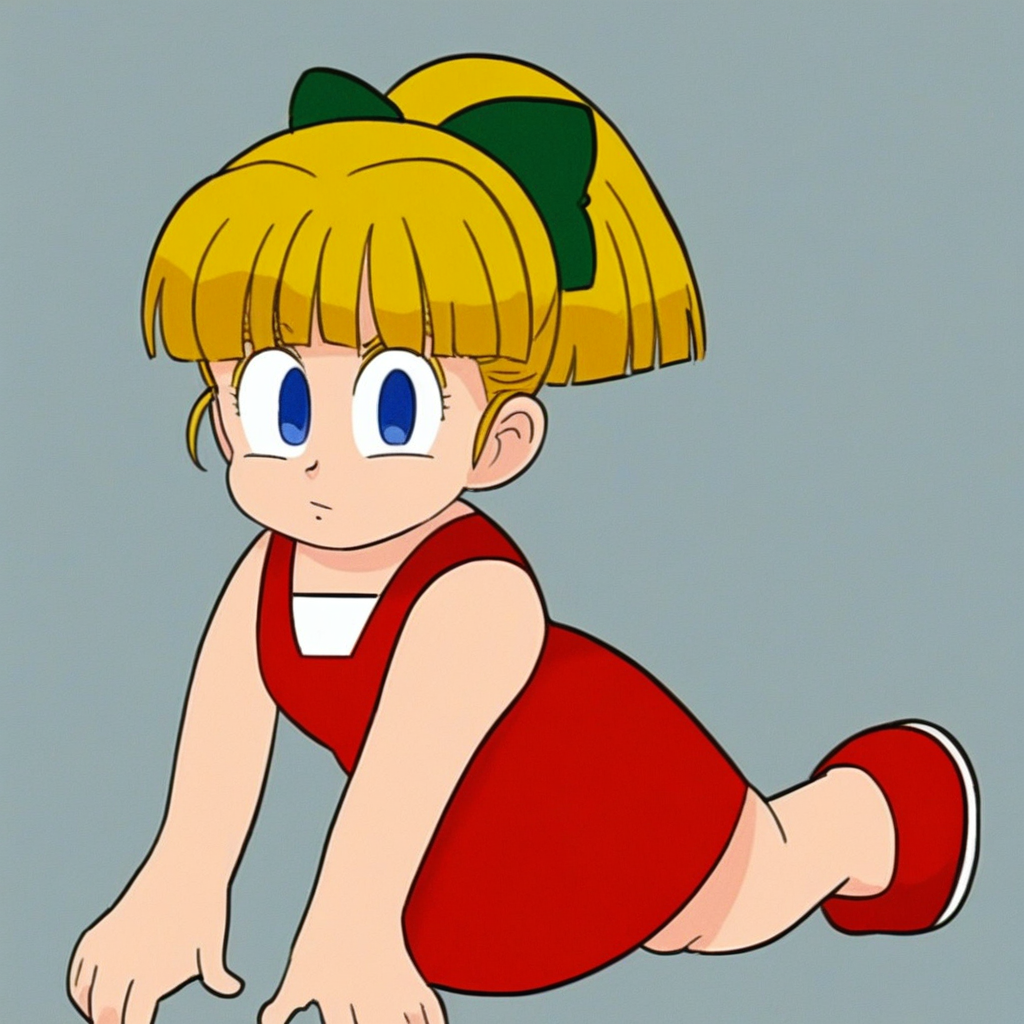 green bow in hair, blonde hair ponytail, blue eyes, sleeveless red dress, red shoes, bangs