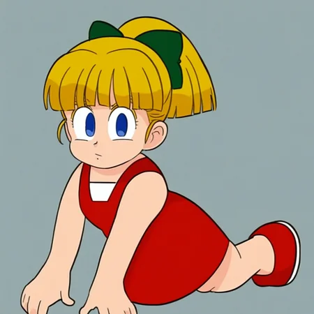 green bow in hair, blonde hair ponytail, blue eyes, sleeveless red dress, red shoes, bangs