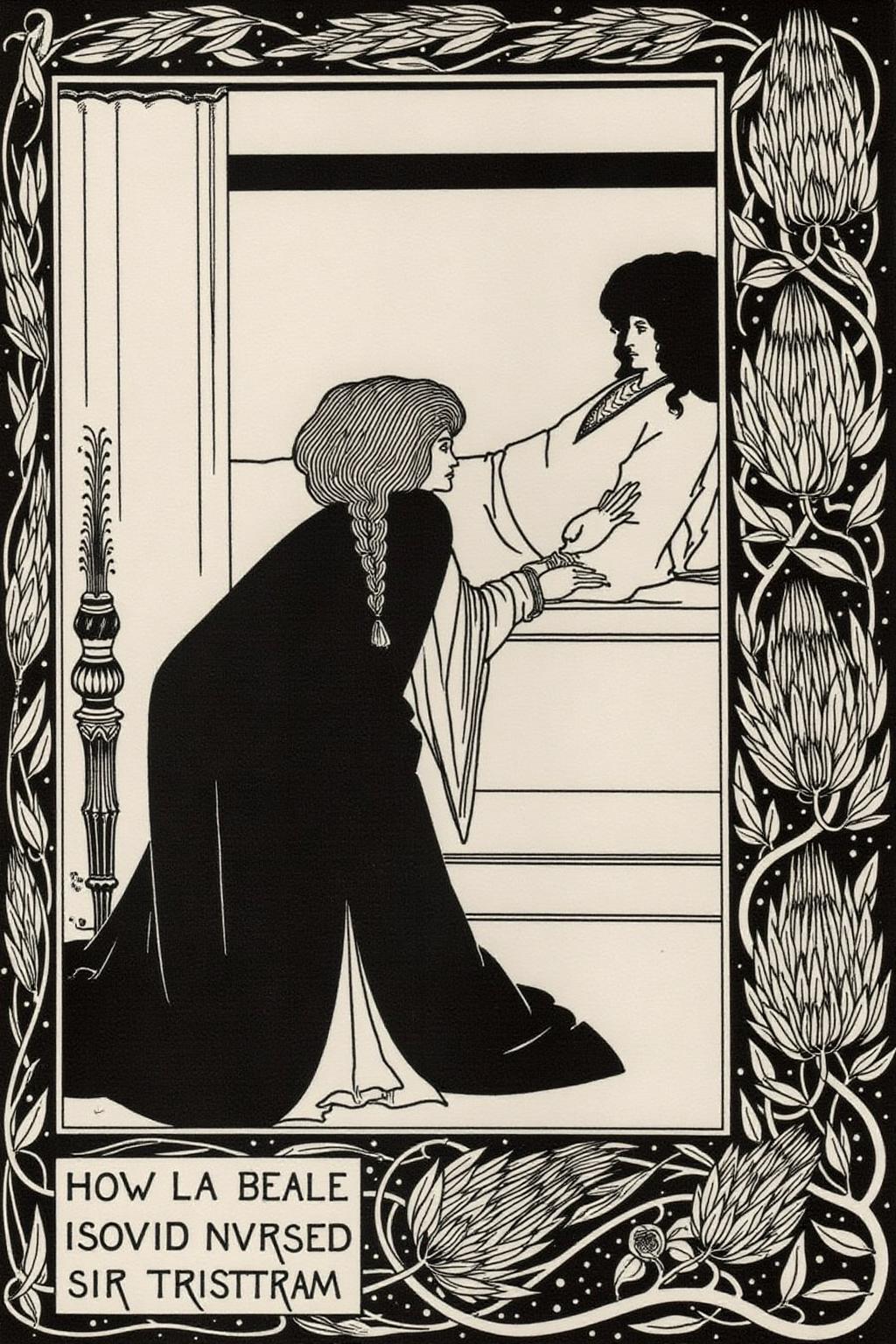 aubea1 illustration. 
A scene where a woman is kneeling beside a bed, reaching out to a man reclining on the bed. The woman is dressed in a long, flowing cloak, and her hair is styled in a braid. The man on the bed is wearing a robe and has long black hair.
Text box at bottom left corner says "HOW LA BEALE ISOVD NVRSED SIR TRISTRAM"
 <lora:aubea2_cap_d6a3:1.0><lora:823925077281140732:0>