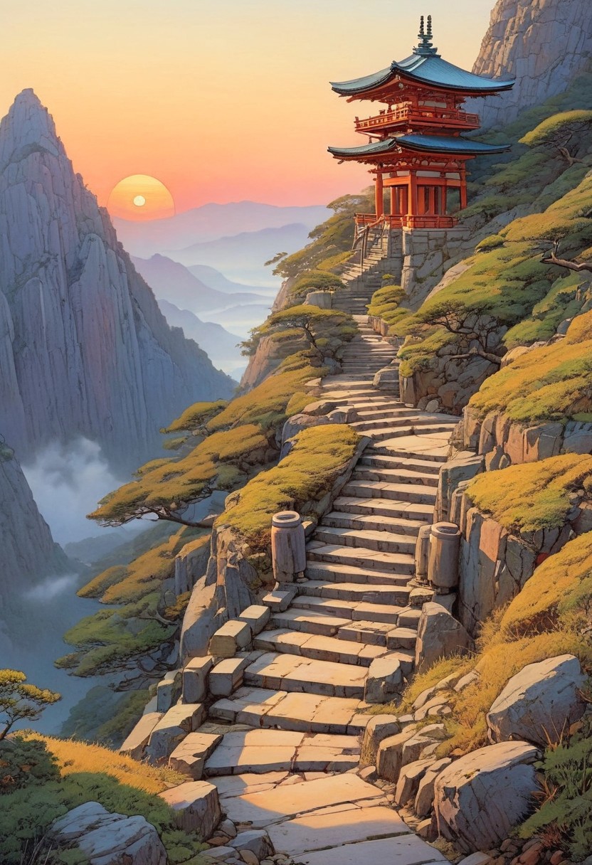 image of shinto shrine on top of a mountain, long flight of steps up to it, canyon, ravine, sunset, mist., Moebius art style,