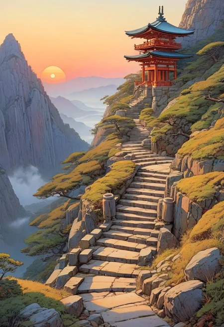 image of shinto shrine on top of a mountain, long flight of steps up to it, canyon, ravine, sunset, mist., Moebius art style,