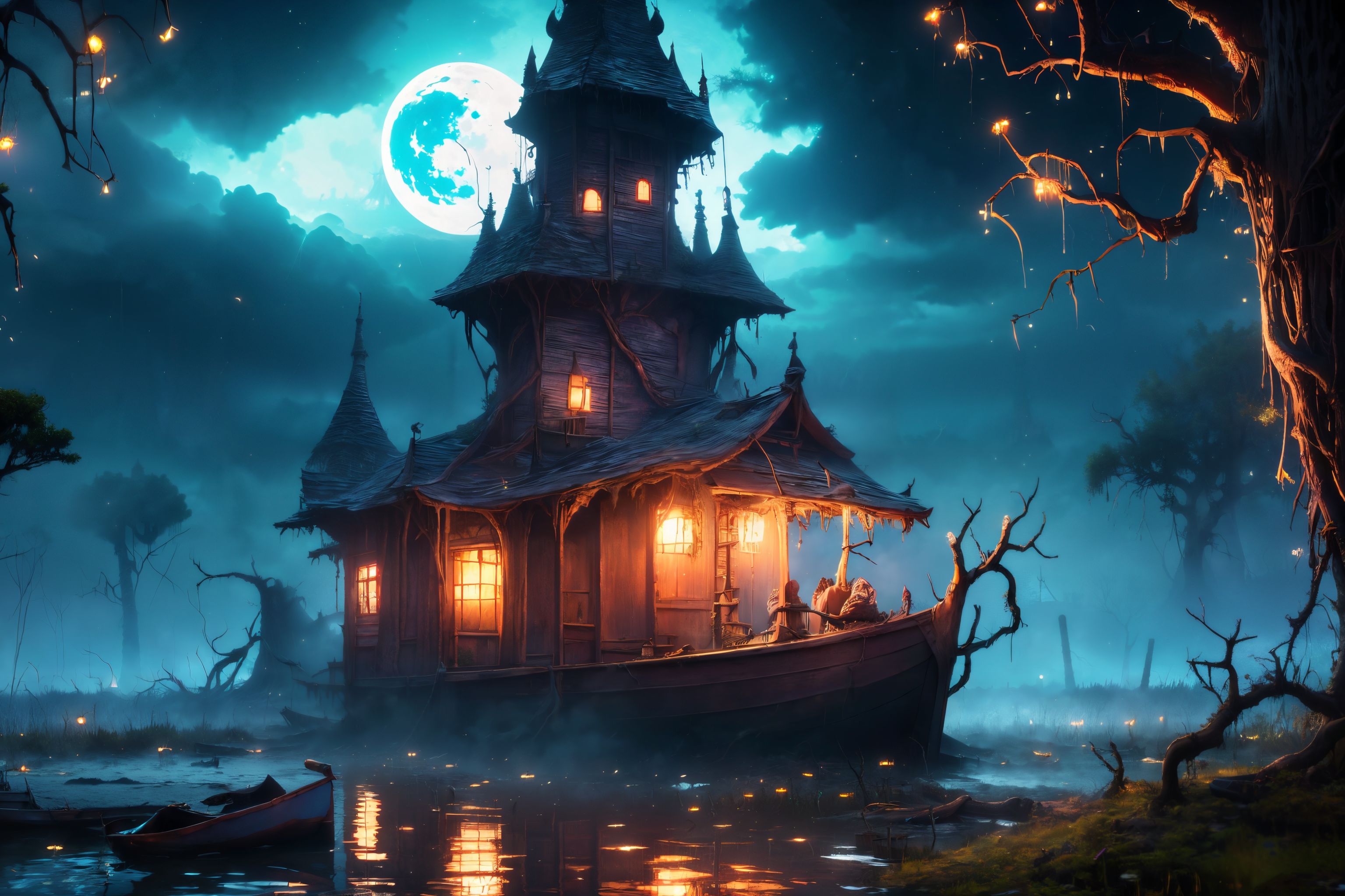 (tower on a boat:1.2), witow, evilrealm, swamp,  water, storm clouds, (gnarly trees:1.1), bushes, fireflies, moon, aesthetic, volumetric fog, absurdres, 8k, high detail, intricate, realistic, (masterpiece:1.3), (best quality:1.3)  <lora:Wizard_Tower:0.5>. <lora:Evil:0.8>
