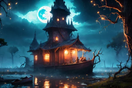 (tower on a boat:1.2), witow, evilrealm, swamp, water, storm clouds, (gnarly trees:1.1), bushes, fireflies, moon, aesthetic, volumetric fog, absurdres, 8k, high detail, intricate, realistic, (masterpiece:1.3), (best quality:1.3) <lora:Wizard_Tower:0.5>. <lora:Evil:0.8>