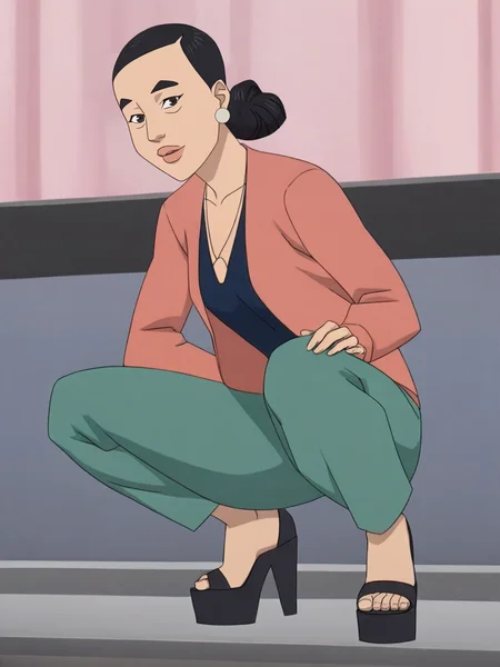 <lora:Debbie_GraysonIL:0.9> db_gr, 1girl, asian, black bun hair, earrings, wrinkles under eyes, black eyes,
looking at viewer, squatting, front view, spreading legs, platform high heels