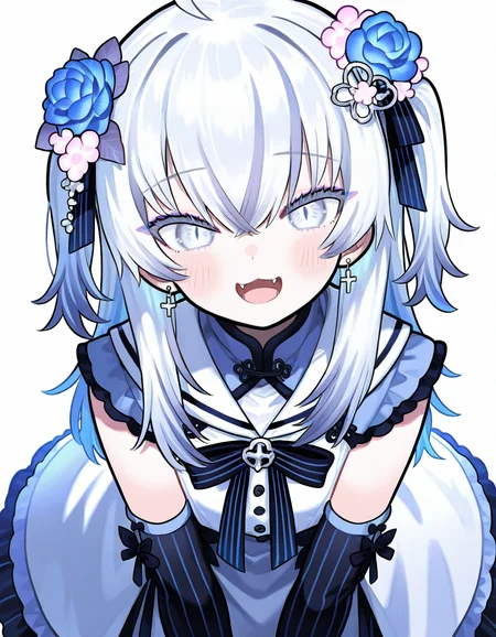 azuma seren,1girl,solo,looking at viewer,detached sleeves,smile,open mouth,pupils,<lora:seren-000011:0.9>,fangs,, masterpiece, best quality, very aesthetic, absurdres,newest, incredibly absurdres,