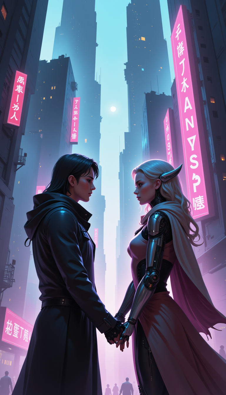 3D render, futuristic cityscape, neon lights, tall skyscrapers, romantic scene, two characters, forbidden love, emotional, dramatic, cyborg woman, human man, touching hands, looking into each other's eyes, soft lighting, vibrant colors, digital painting, artstation, concept art, sharp, detailed, illustration, wide angle, artbook, wallpaper, splash art, promo art, cinematic