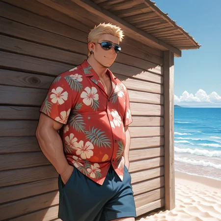 masterpiece, best quality, amazing quality, absurdres, newest, detailed background, definition so sharp, Ultra-HD, 8K cinematic, very awa, impressionate, amazing quality, highres,
solo, male focus, manly,
1boy, short hair, goatee, chubby, rikio_blonde, rikio_brown eyes, rikiokamamoto, sunglasses \(on face\), earrings, sideburns, shorts, Hawaiian shirt, beach, sunny, clear sky, blue ocean, relaxed, easygoing, cheerful, vacation, good vibes, walking, hands in pockets, carefree expression,
