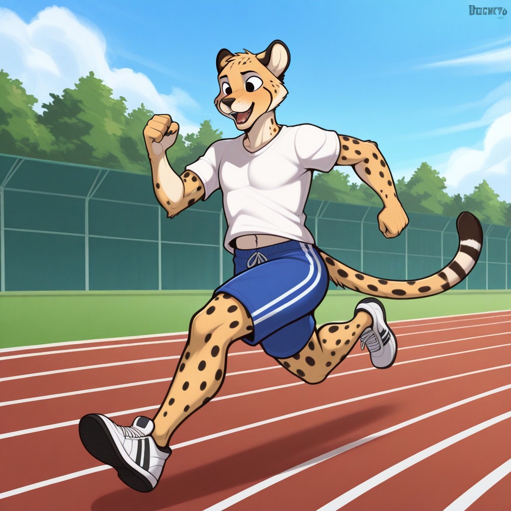 by derickk76, detailed background, outside, track field, detailed, hires, absurd res, newest, masterpiece, high quality, perfect face, perfect eyes, BREAK male, 1boy, solo, furry male, furry, anthro, cheetah, black eyes, tail, white t-shirt, blue shorts, shoes, running, dynamic pose, full body