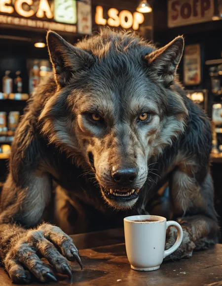photorealistic, detailed digital illustration of a werewolf in a coffe shop, <lora:EldritchCandids1.1.2:0.4> <lora:real_dream_pony_realistic_lora_3:0.4> <lora:MJ52:0.3> <lora:FF.101.juggernautXL_version6Rundiffusion.LORA:0.4> <lora:JuggerCineXL2:0.3>