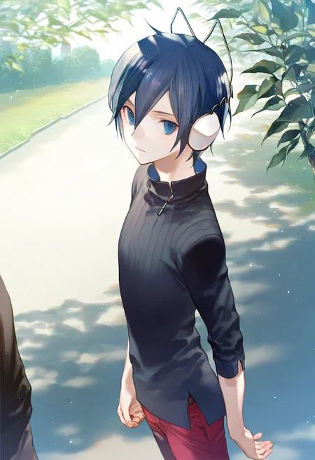 artist:gomzi,artist:wanke,artist:diyokama, rei_(sanbonzakura),[[artist:fuzichoco]],year 2023,
1boy, solo,
protagonist \(devil survivor\), blue hair, blue eyes, cat ear headphones, short hair,
black sweater, red pants,
park,
 <lora:ds_protagonist.ilxl:0.8>