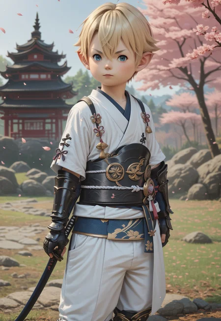 LalaTater, Lalafell, 1boy, chibi samurai armor, blue eyes, blonde hair, short hair, hair between eyes, looking at viewer, holding katana, male focus, outdoors, sky, cherry blossoms, BREAK PonyXLV6_Scores