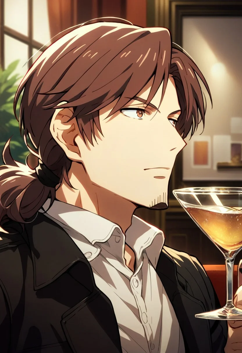 score_9,score_8_up,score_7_up,source_anime, Soichiro Mikuni,solo,shirt,1boy,jacket,upper body,ponytail,male focus,collared shirt,indoors,cup,low ponytail,alcohol,drinking glass,goatee,