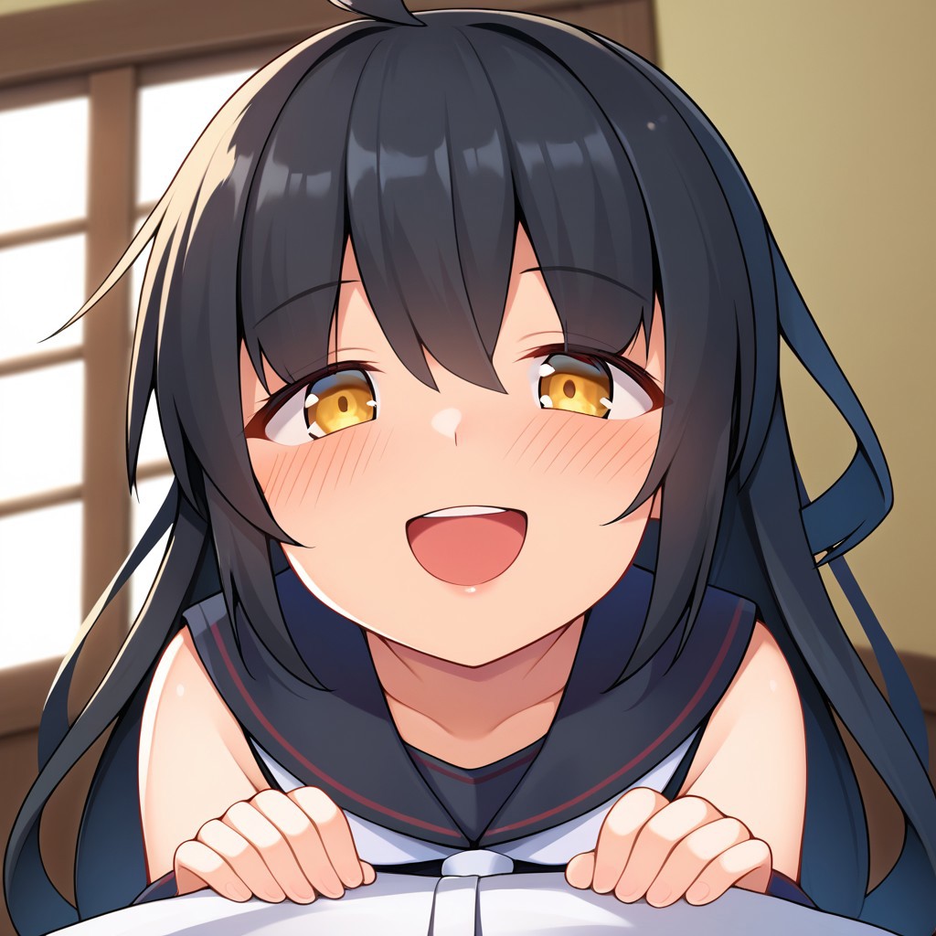 score_9, score_8, score_7, source_anime, mikazuki (kancolle), neckerchief, pov, looking at viewer, blush, smile, open mouth, upper teeth only, sunset