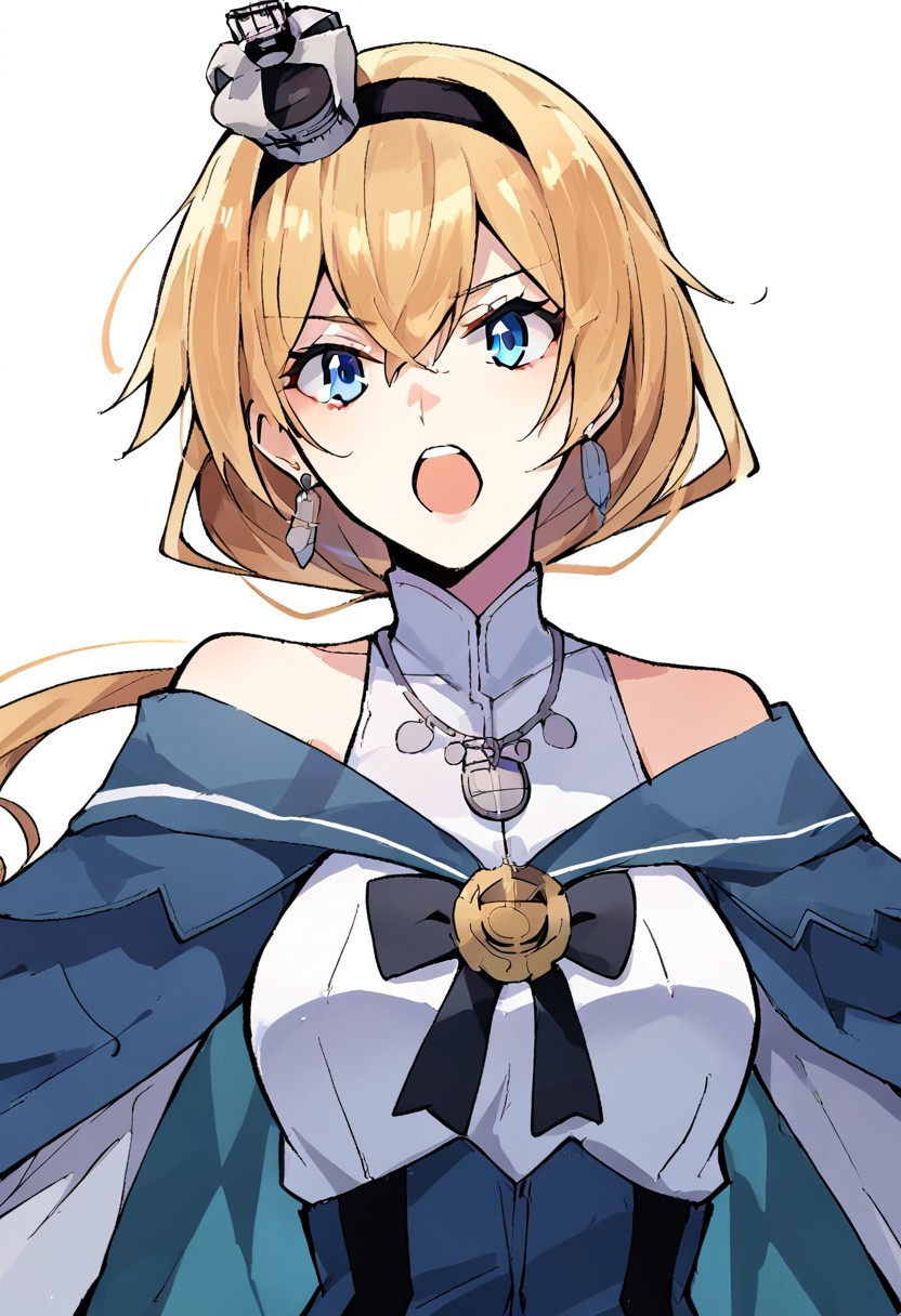score_9, score_8, score_7, source_anime, valiant (kancolle), 1girl, solo, jewelry, hairband, mini crown, flower, earrings, necklace, open mouth