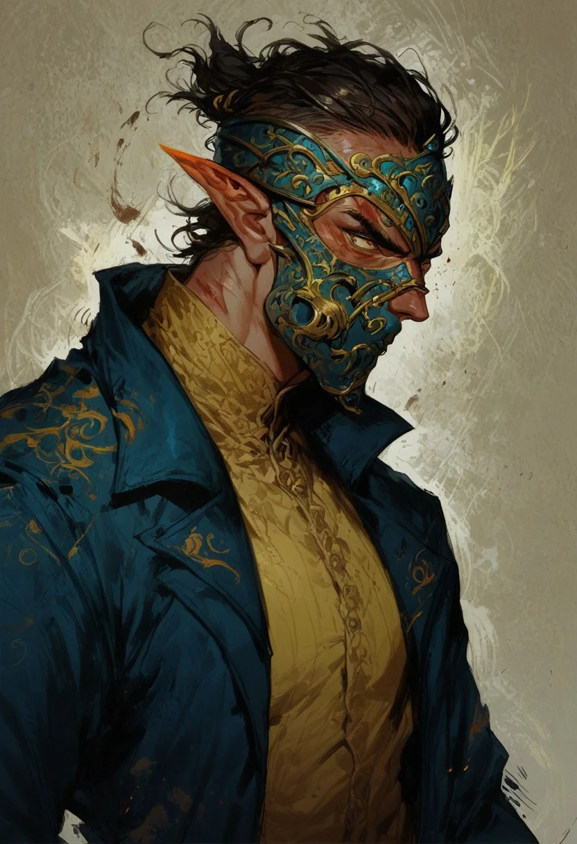 score_9, score_8_up, score_7_up, 1man, solo, 23 year old, serious, determined look, shifter, dark blue jacket with yellow lines, mask, masked, yellow shirt, yellow and blue mask, pointy ears,blood, scars, slim body, easynegative