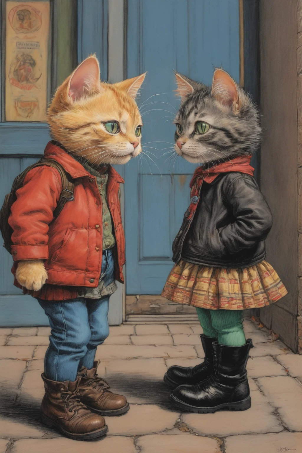 <lora:robert-crumb-sdxl-v1:0.8>,Fritz the Cat with 2 girls,ankle boots,illustration,drawn in the style of robert-crumb,<lora:Black_pencil_drawing:0.5>,colored crayons,black pencil drawing,