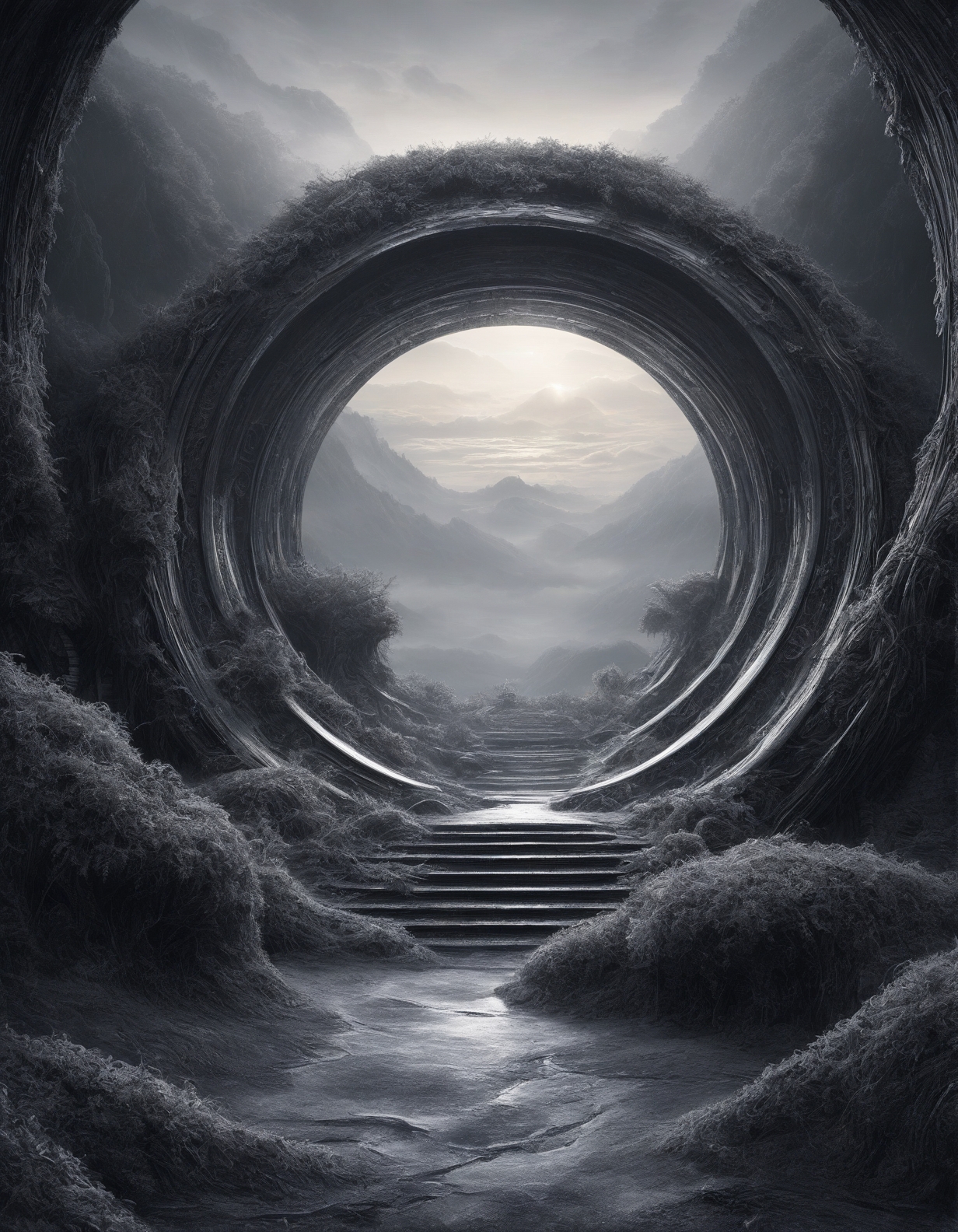 H.R. Giger: (biomechanical horror), (alien landscapes), (black-and-white contrast), (surreal organic forms),
black hole observatory frozen in event horizon loop,
Indonesian rice terraces at dawn, 
Foggy Weather,
a winter cloudscape, with clouds heavy with snow, the sky a soft gray, promising a gentle snowfall,
Sunrise painting peaks in gold,
Autumn maple leaf carpets,
 <lora:add-detail-xl:0.7>,
 <lora:DetailMaximizer:0.3>,
 <lora:brho:0.15> brho, 
<lora:Deep_depth_of_field:0.3>,
 <lora:extremely_detailed:0.8> extremely detailed,