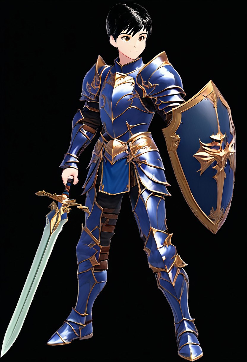 harmard, black hair, short hair, brown eyes, 1boy, solo, solo focus, teen, equip heavy knight armor, metalic blue armor theme, (right hand holding a sword:1.20), standing pose, solo, full body, happy expression, sword and shield